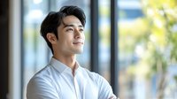 Young Asian male professional in white shirt looking upward thoughtfully in modern office environment with natural light and blurred background, suitable for business, corporate, and leadership concepts.