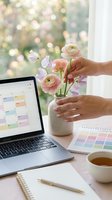 Woman arranging pink ranunculus flowers in white vase at bright workspace with laptop, color swatches and tea cup for creative design work.
