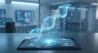 Futuristic DNA double helix hologram emerging from digital tablet in modern laboratory setting for biotechnology and genetic research applications.
