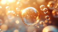 Magical soap bubbles floating in golden sunlight with bokeh effect background creating dreamy atmosphere. Macro photography captures transparent spheres in motion.