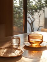 Warm sunlight streaming through window illuminates glass teacup with golden tea on textured coaster, creating peaceful morning atmosphere with soft shadows.