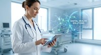 Female doctor using tablet with digital health network interface in modern medical facility for telemedicine and healthcare technology solutions.
