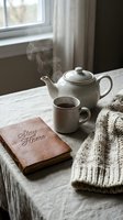 Cozy hygge flat lay with steaming teapot, ceramic mug, leather journal, and knit sweater on linen table by window, warm stay home mood.