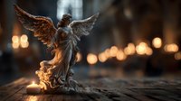 Guardian angel statue with outstretched wings standing on wooden surface with warm bokeh lights creating spiritual atmosphere for meditation and faith concepts.