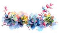 Delicate watercolor succulents arrangement in pastel pink, blue, and yellow tones with soft splashes and botanical elements on white background.