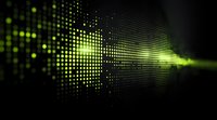 Green glowing dots pattern fading into darkness on black background, abstract digital technology visualization with light effects and bokeh.