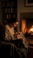 Young woman reading book by fireplace with coffee cup in cozy living room with bookshelves. Warm evening atmosphere for relaxation and leisure concepts.