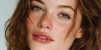 Young Caucasian woman with freckles and blue eyes looking at camera with natural makeup and tousled brown hair in close-up portrait for beauty and skincare concepts.