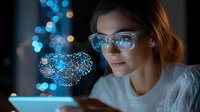 Young Asian woman in glasses looking at tablet with glowing blue digital brain hologram, artificial intelligence concept in dark room with bokeh lights.