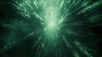 Abstract digital tunnel with green binary code streams radiating from central light source, representing data flow in cyberspace technology.