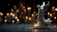 Angel statue with outstretched wings on wooden surface with warm bokeh lights creating spiritual atmosphere for religious and decorative concepts.