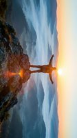 Silhouette of a person standing on a mountain peak with arms raised wide, embracing a dramatic golden sunrise over misty valleys.