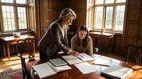 Mature Caucasian businesswoman mentor guiding young female colleague reviewing documents in elegant wood-paneled office with natural sunlight streaming through windows.