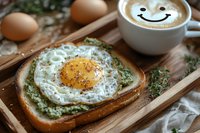 Sunny side up egg on avocado toast with herbs and black pepper served with smiley face latte art coffee on wooden tray. Cozy breakfast setting with fresh ingredients.