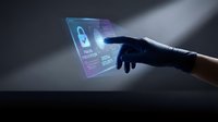 Hand touching futuristic holographic interface with biometric fingerprint scanner and digital security elements for technology applications.