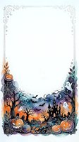 Halloween watercolor border frame with spooky elements including jack-o-lanterns, ghosts, haunted castle, bats and bare trees on white background for invitations.