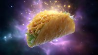 Glowing taco floating in cosmic space with magical sparkles and nebula background, crispy shell filled with lettuce and cheese against starry universe.