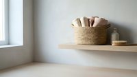 Minimalist bathroom shelf with wicker basket containing rolled towels and wooden brush, clean spa-like interior design for relaxation and wellness.