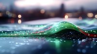 Abstract digital wave with glowing green particles and bokeh lights creating futuristic data flow visualization for technology presentations and designs.