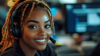 Young African American woman with dreadlocks wearing headset and smiling at camera in office environment with blurred background, representing customer service and communication.