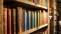 Old vintage books arranged on wooden library shelves creating warm academic atmosphere for education and literature projects.