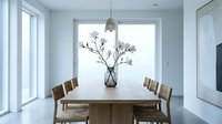Modern minimalist dining room with wooden table and chairs, large windows, natural light, contemporary interior design for home decor inspiration.