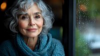 Senior Caucasian woman with silver curly hair and warm smile looking through rainy window, wearing cozy teal sweater. Peaceful contemplative moment.