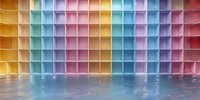 Colorful geometric wall with vertical panels in pastel rainbow colors reflecting on glossy floor surface creates modern minimalist architectural background.