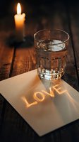Candlelight projected through a glass onto a paper card spells LOVE on a rustic wooden table, creating a warm romantic atmosphere.