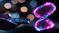 DNA helix glowing with pink and blue particles emerging from smartphone screen, with blurred bokeh lights in dark background. Modern genetic research concept.