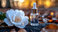 Elegant white camellia flower with essential oil dropper bottle on rustic wood during golden sunset, natural skincare concept.