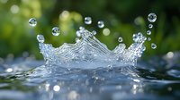 Water crown splash with floating droplets captured in high speed against blurred green nature background, creating dynamic liquid sculpture effect.