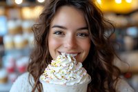 Young woman with long dark wavy hair and warm smile enjoying whipped cream topped beverage with sprinkles in casual café setting.