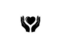 Black silhouette of protective hands holding heart symbol on white background. Isolated icon for healthcare, charity, love and care concepts.
