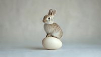 Adorable baby bunny sitting on large white egg against neutral background, creating whimsical Easter composition with soft natural lighting and minimal style.