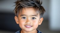Young Asian boy with modern spiky hairstyle and bright smile against blurred background, displaying confidence and joy in casual portrait setting.