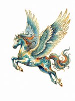 Ornate winged horse with gold and blue decorative details, isolated on transparent background. Ready for t-shirt design, clipart, stickers, sublimation, and print-on-demand products.