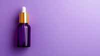 Purple glass dropper bottle with gold cap on vibrant purple background, minimalist cosmetic product photography for beauty and skincare advertising.