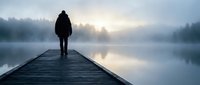 Silhouette of person standing on wooden dock overlooking misty lake at sunrise. Peaceful morning scene with fog and soft light reflection on water.