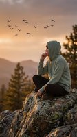 Young man in hoodie sitting on mountain rock at sunset contemplating nature with birds flying overhead in peaceful wilderness landscape.