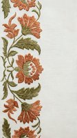 Elegant floral embroidery border with orange flowers and green leaves on cream fabric. Traditional needlework design for textile decoration and crafting.
