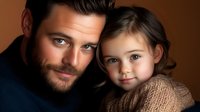 Loving father embracing young daughter in warm portrait showing family bond and parental care against brown background for emotional storytelling.