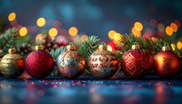 Festive Christmas ornaments in red and gold arranged with pine branches against dark background with warm bokeh lights.