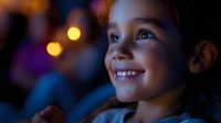 Joyful young girl with bright smile watching entertainment with glowing bokeh lights in dark background, expressing wonder and excitement.