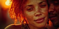 Young woman with freckles and curly hair smiling in warm sunset light, with a person's face partially visible behind her. Perfect for relationship themes.