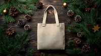 Eco-friendly canvas tote bag surrounded by festive Christmas decorations, pine branches, golden ornaments and pinecones on rustic wooden background.