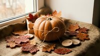 Orange pumpkin with twine bow surrounded by autumn maple leaves and candles on burlap fabric near window for seasonal home decor and fall celebrations.