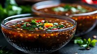 Dark soy sauce with sesame seeds, chili flakes and fresh herbs in glass bowl on black background, close up view of Asian dipping sauce.
