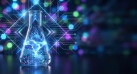 Digital laboratory flask with glowing neural network connections and geometric patterns on dark tech background for science innovation concepts.