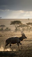 Male nyala antelope walking across dry African savanna landscape with acacia trees under dramatic cloudy sky during golden hour wildlife photography.